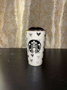 Starbucks White Ceramic Travel Mug with Black Hearts and Gold Rim
